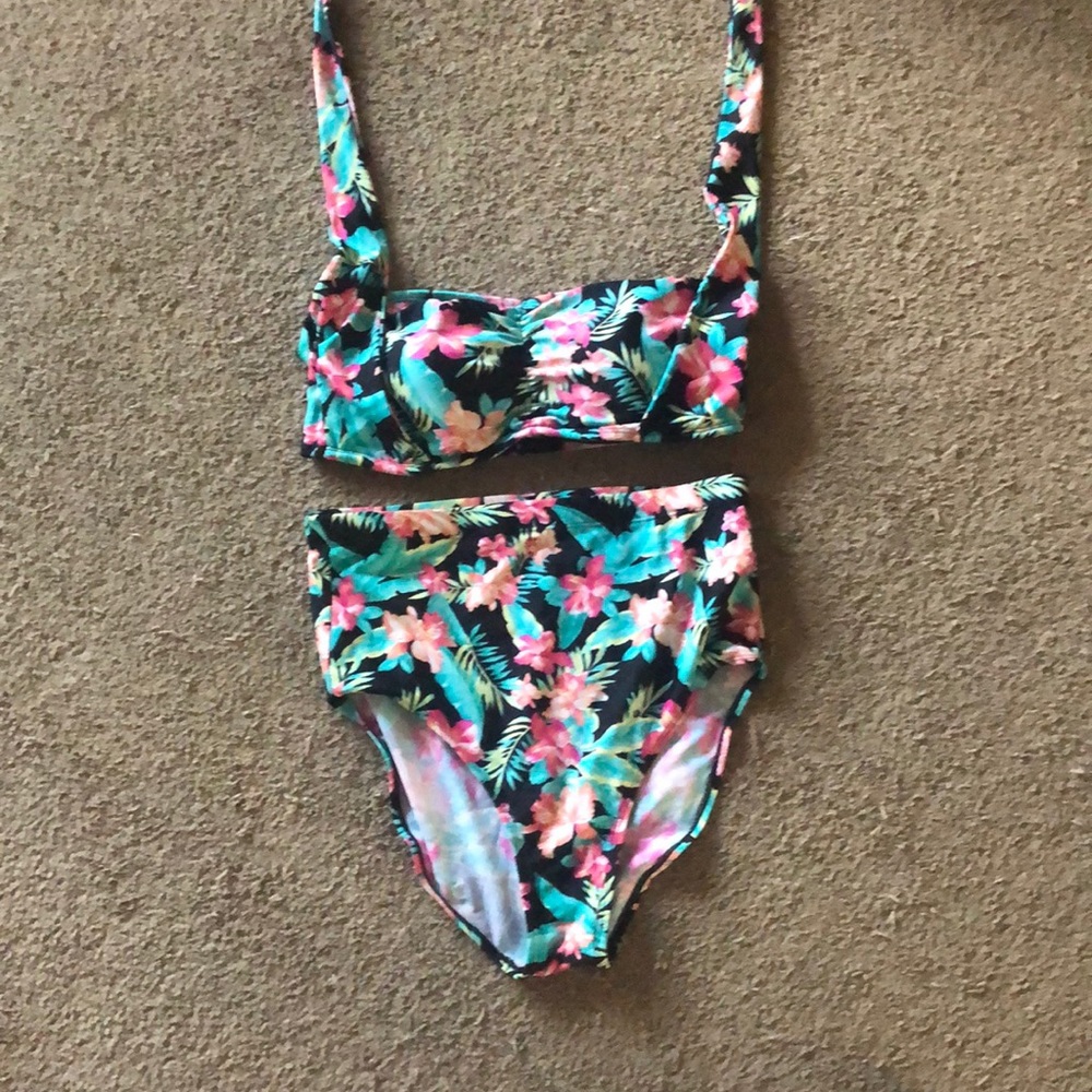 Two piece high waist tropical print bathing suit